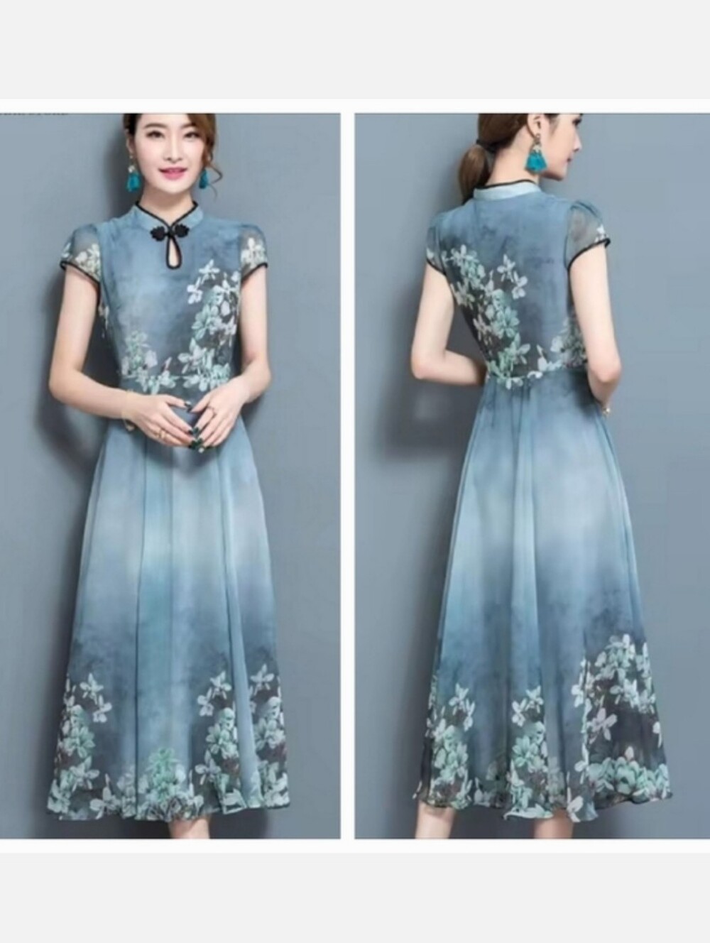 Jing Dian Jie Mei Asian Floral Midi Dress Ice Blue Sz Xl Us S